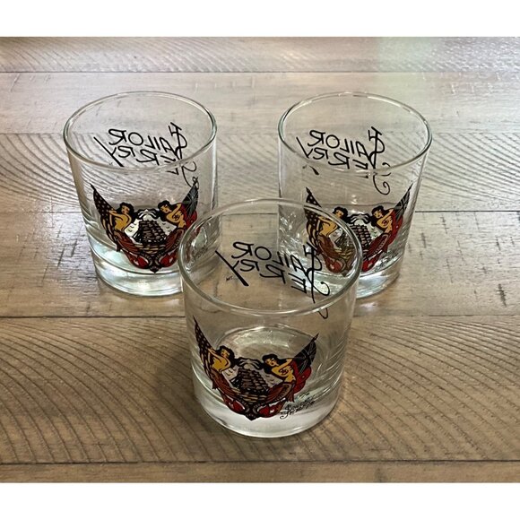Sailor Jerry Mermaid Siren Tattoo Lowball Tumbler Glasses Patriotic US Flag - Picture 1 of 4